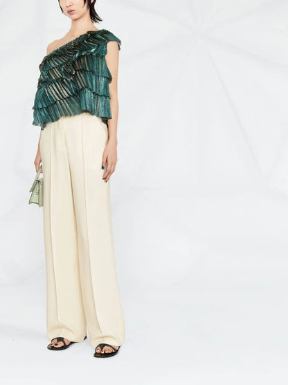 One-Shoulder Ruffled Lamé Blouse