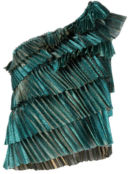 One-Shoulder Ruffled Lamé Blouse