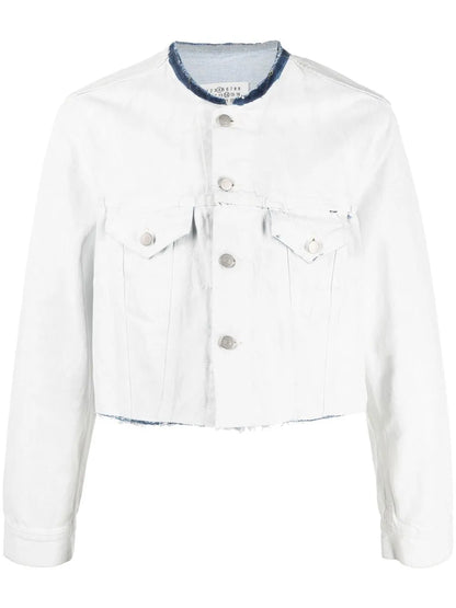 Collarless Cropped Denim Jacket