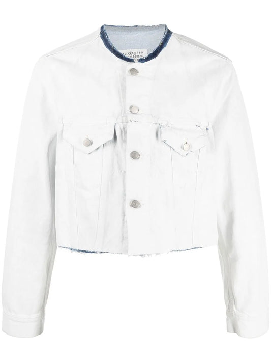 Collarless Cropped Denim Jacket