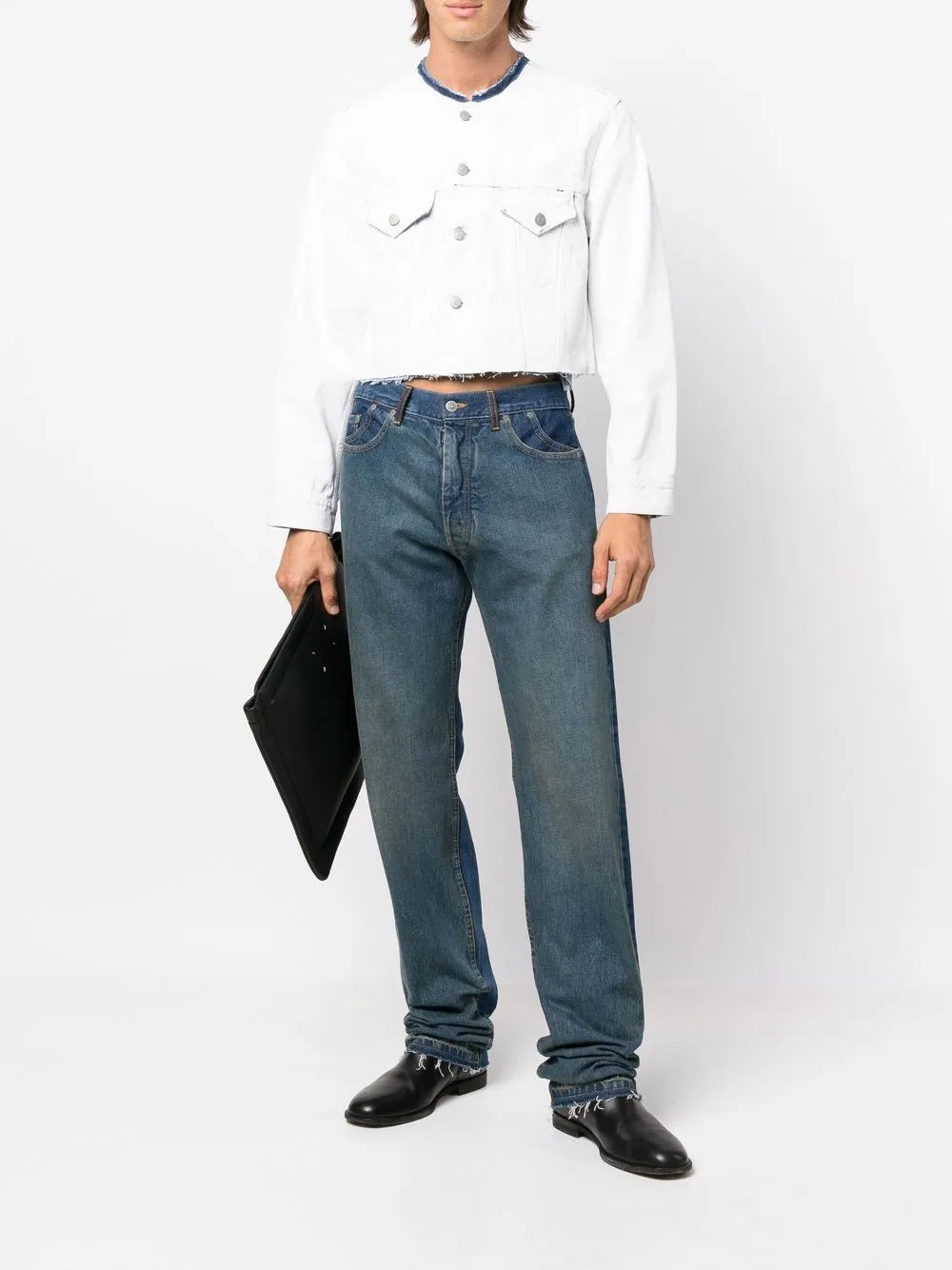 Collarless Cropped Denim Jacket
