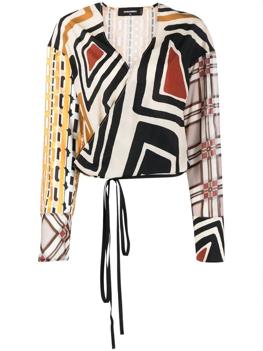 Geometric-Print Wrap-Front Blouse
