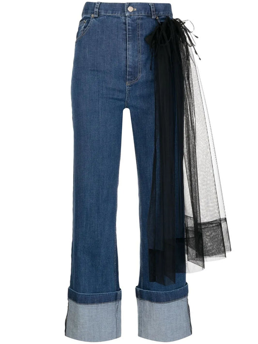 Tulle-Panel Cropped Jeans