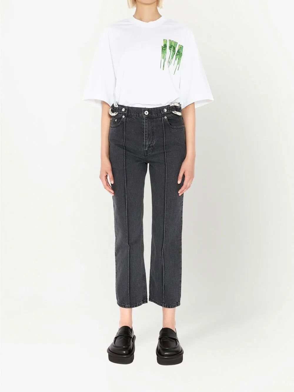 Chain-Detail Straight Leg Cropped Jeans
