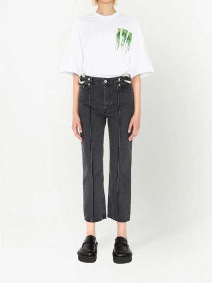 Chain-Detail Straight Leg Cropped Jeans