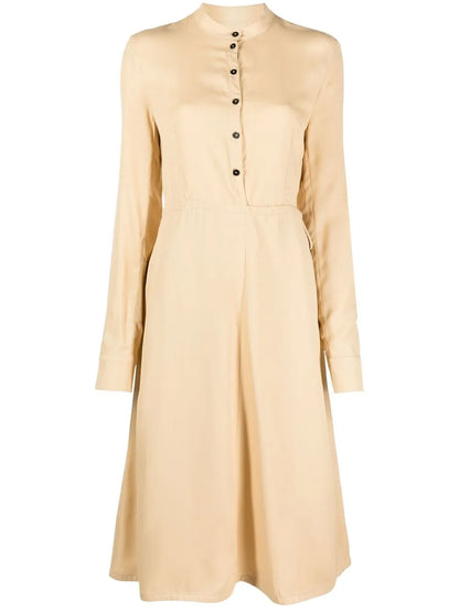 Collarless Long-Sleeve Midi Dress