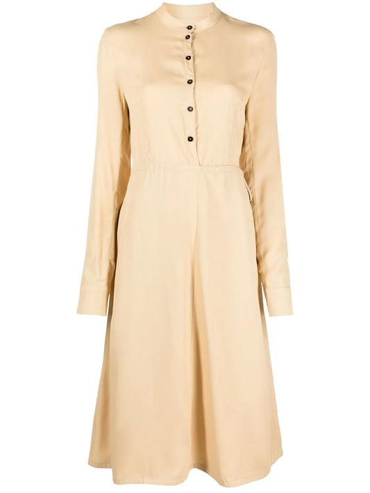 Collarless Long-Sleeve Midi Dress