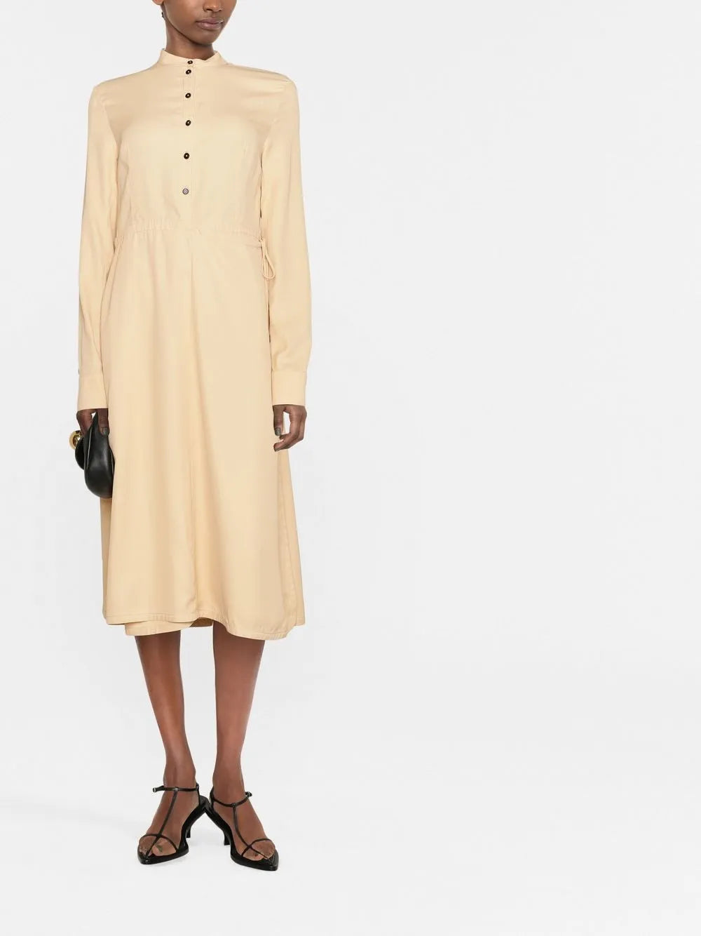Collarless Long-Sleeve Midi Dress