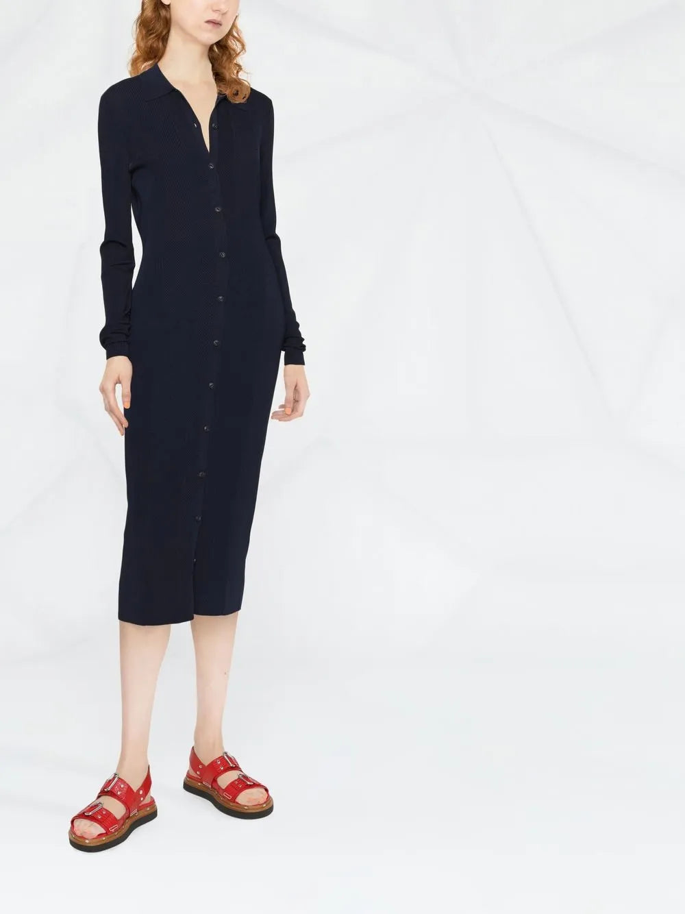 Herringbone-Knit Buttoned Shirt Dress