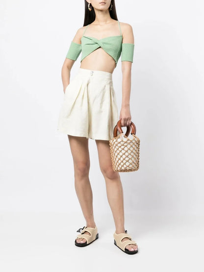 Pleat-Detail Buttoned Knee-Length Shorts