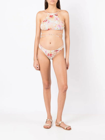 Floral-Leaf Print Bikini Top