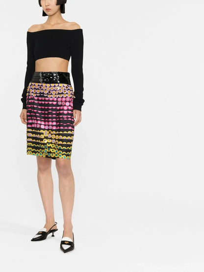 Polka Dot-Print Belted Pencil Skirt