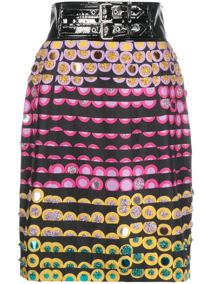 Polka Dot-Print Belted Pencil Skirt