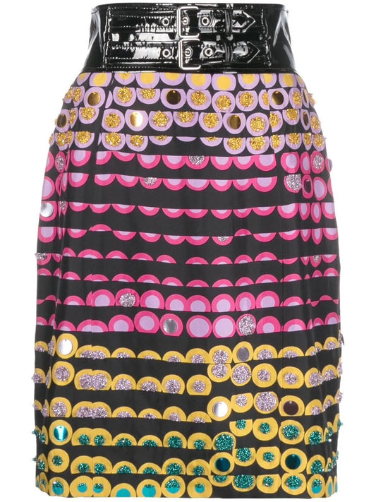 Polka Dot-Print Belted Pencil Skirt