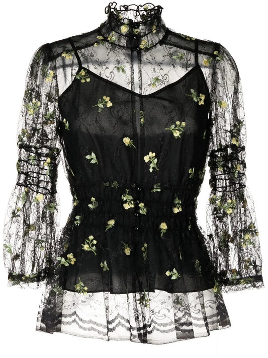 Floral-Embroidered Lace Blouse