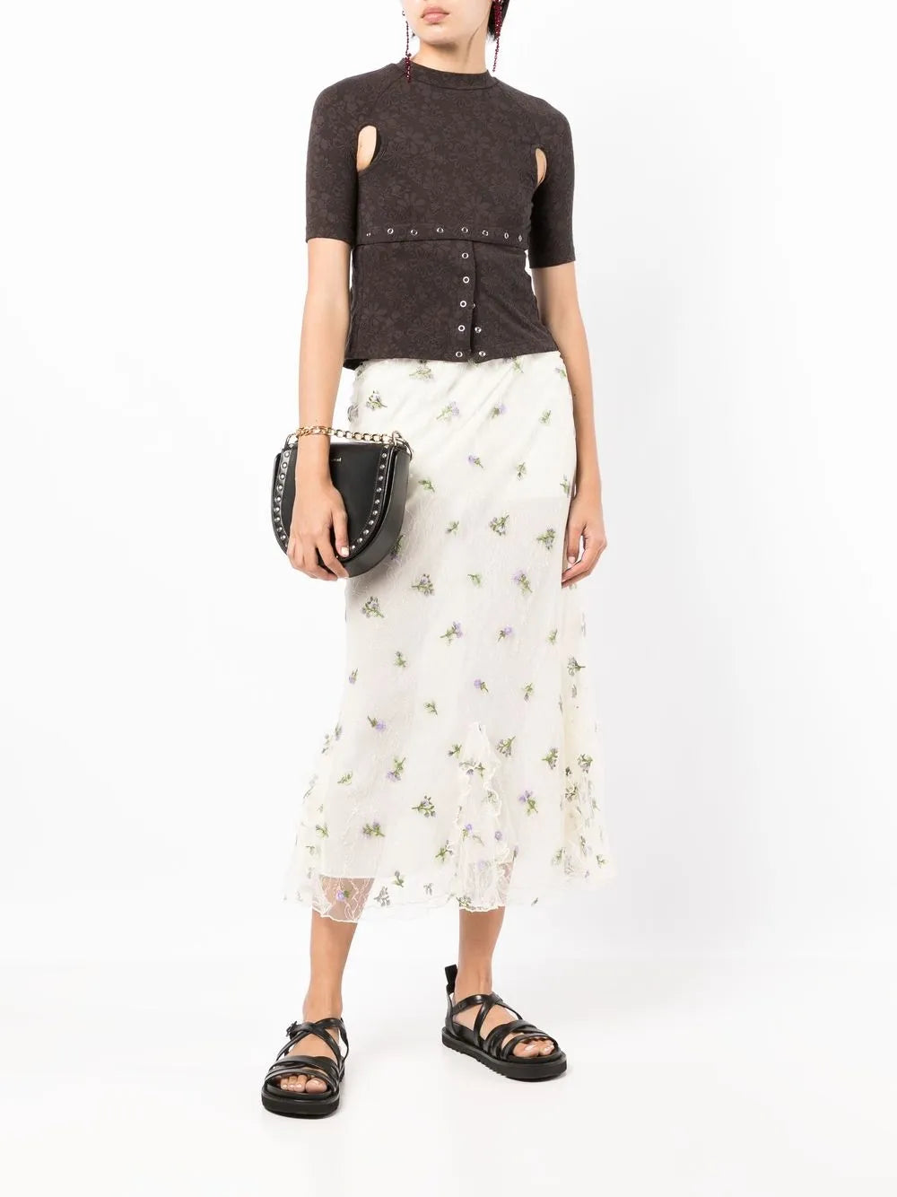 Floral-Embroidered Lace Midi Skirt