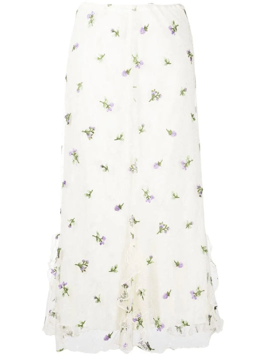 Floral-Embroidered Lace Midi Skirt