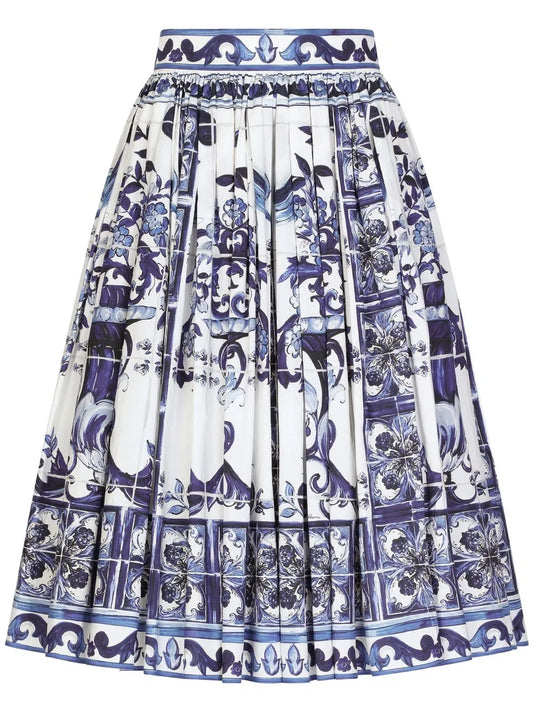 Majolica-Print Pleated Midi Skirt