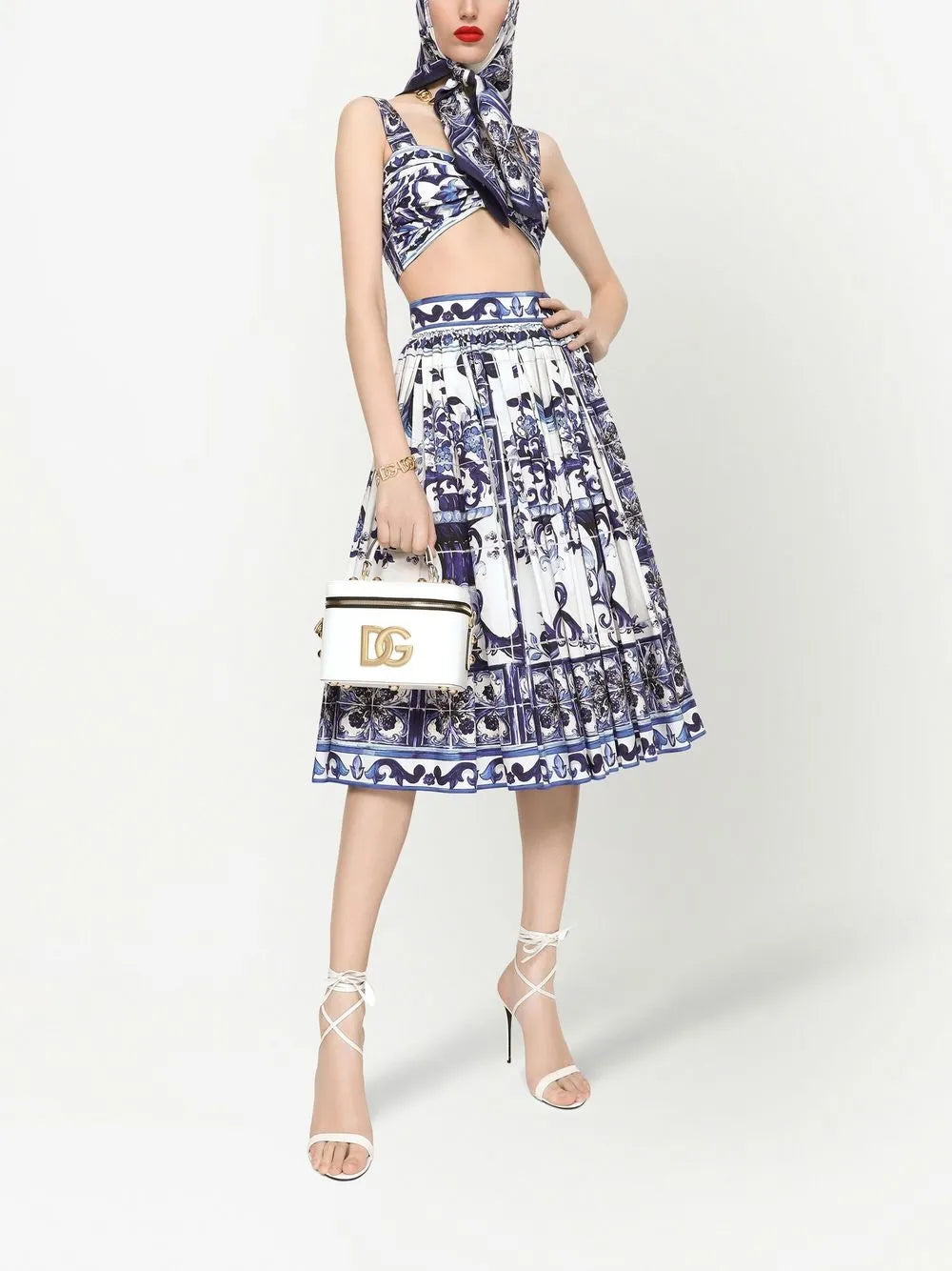 Majolica-Print Pleated Midi Skirt