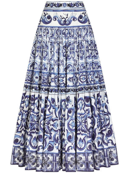 Majolica-Print Pleated Maxi Skirt