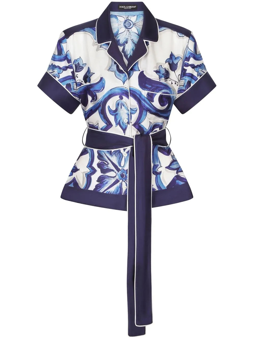 Majolica-Print Belted Silk Shirt
