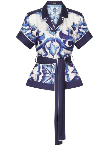 Majolica-Print Belted Silk Shirt