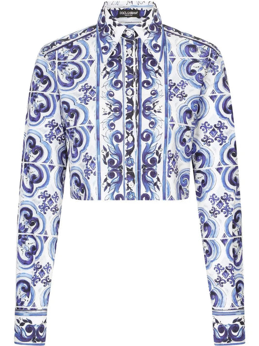 Majolica-Print Cropped Shirt