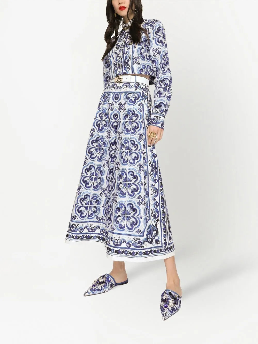 Majolica-Print Cropped Shirt