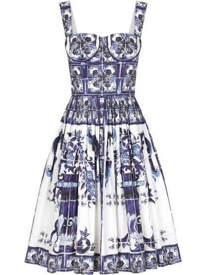 Majolica-Print Corset Midi Dress