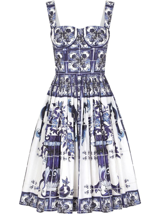 Majolica-Print Corset Midi Dress