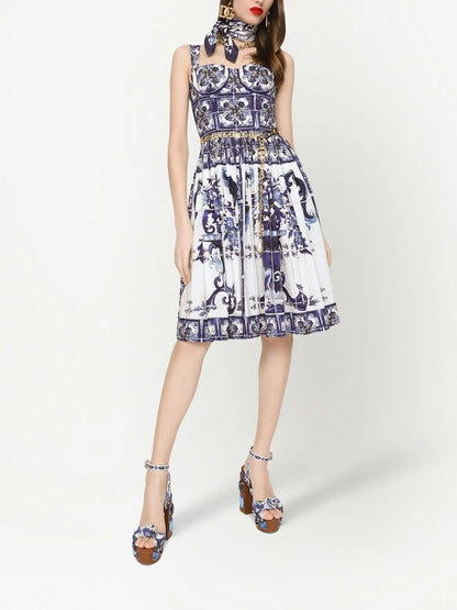 Majolica-Print Corset Midi Dress