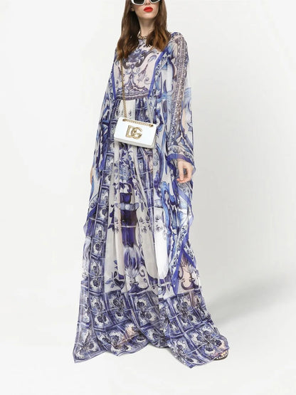 Majolica-Print Floor Length Dress