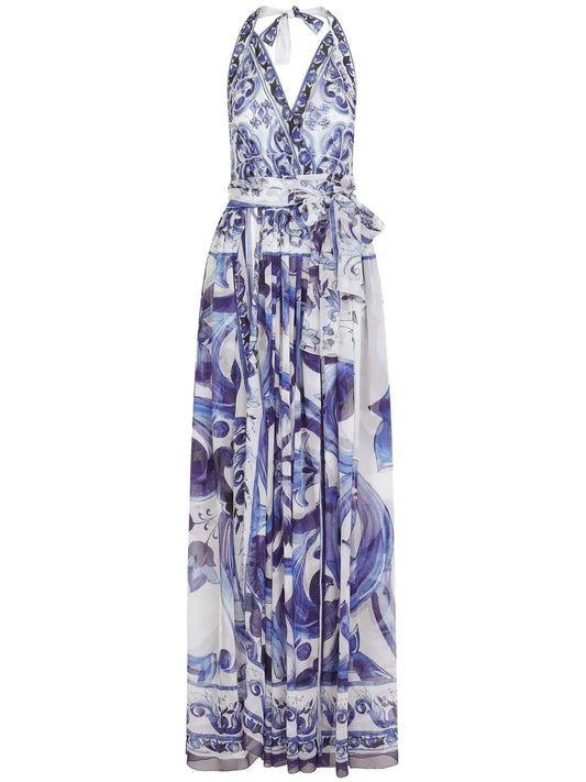 Majolica-Print Chiffon Maxi Dress