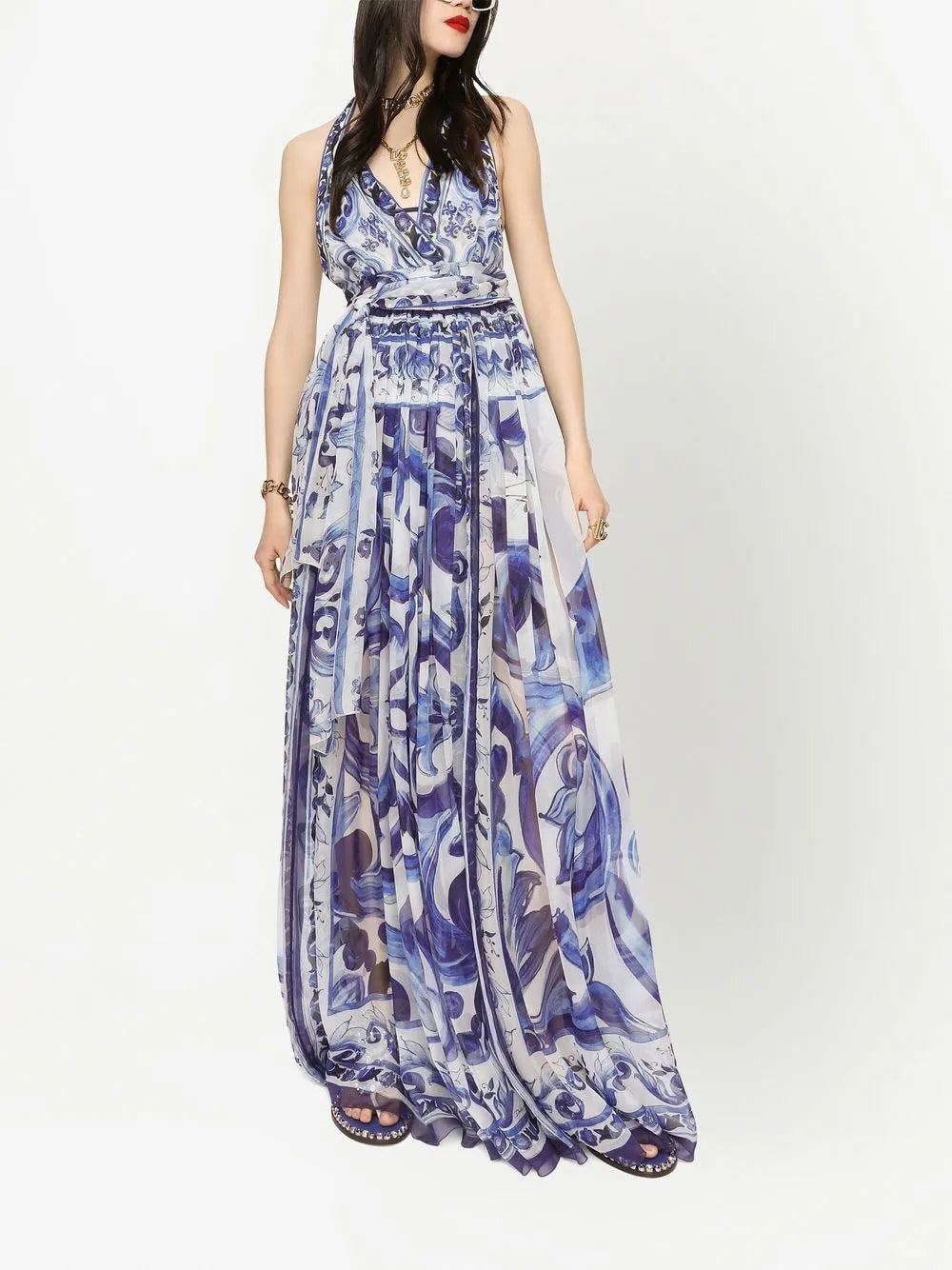 Majolica-Print Chiffon Maxi Dress