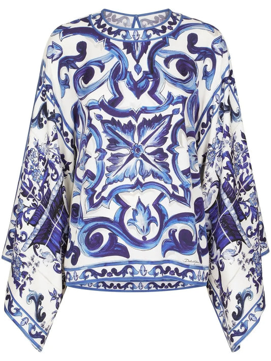 Majolica-Print Silk Blouse