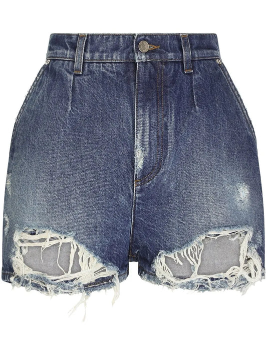 Distressed High-Rise Denim Shorts