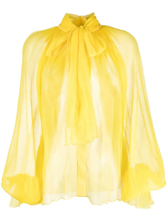 Pussy-Bow Silk Sheer Blouse