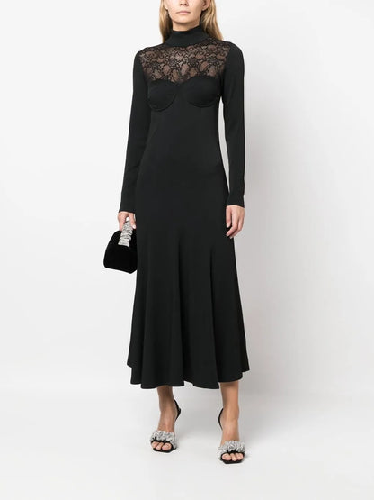 Lace-Trim Long-Sleeved Maxi Dress
