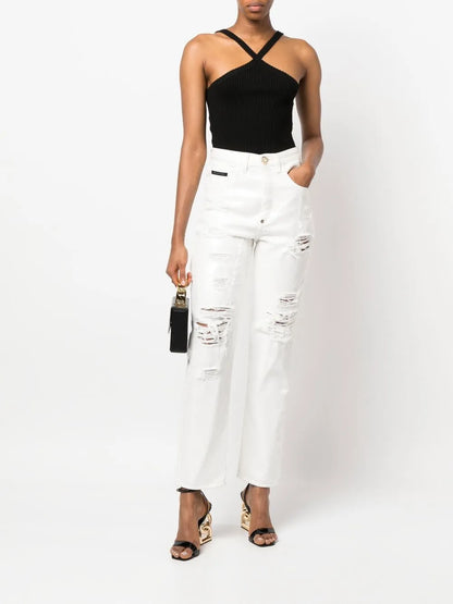 Paillettes Mom-Fit Distressed Jeans