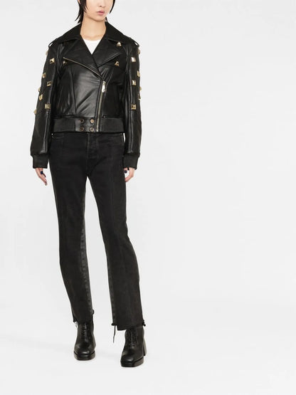 Studded Leather Bomber Jacket