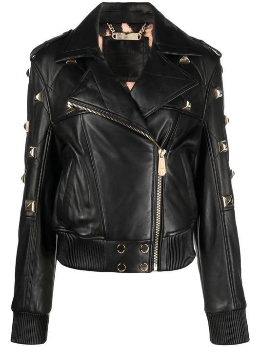 Studded Leather Bomber Jacket