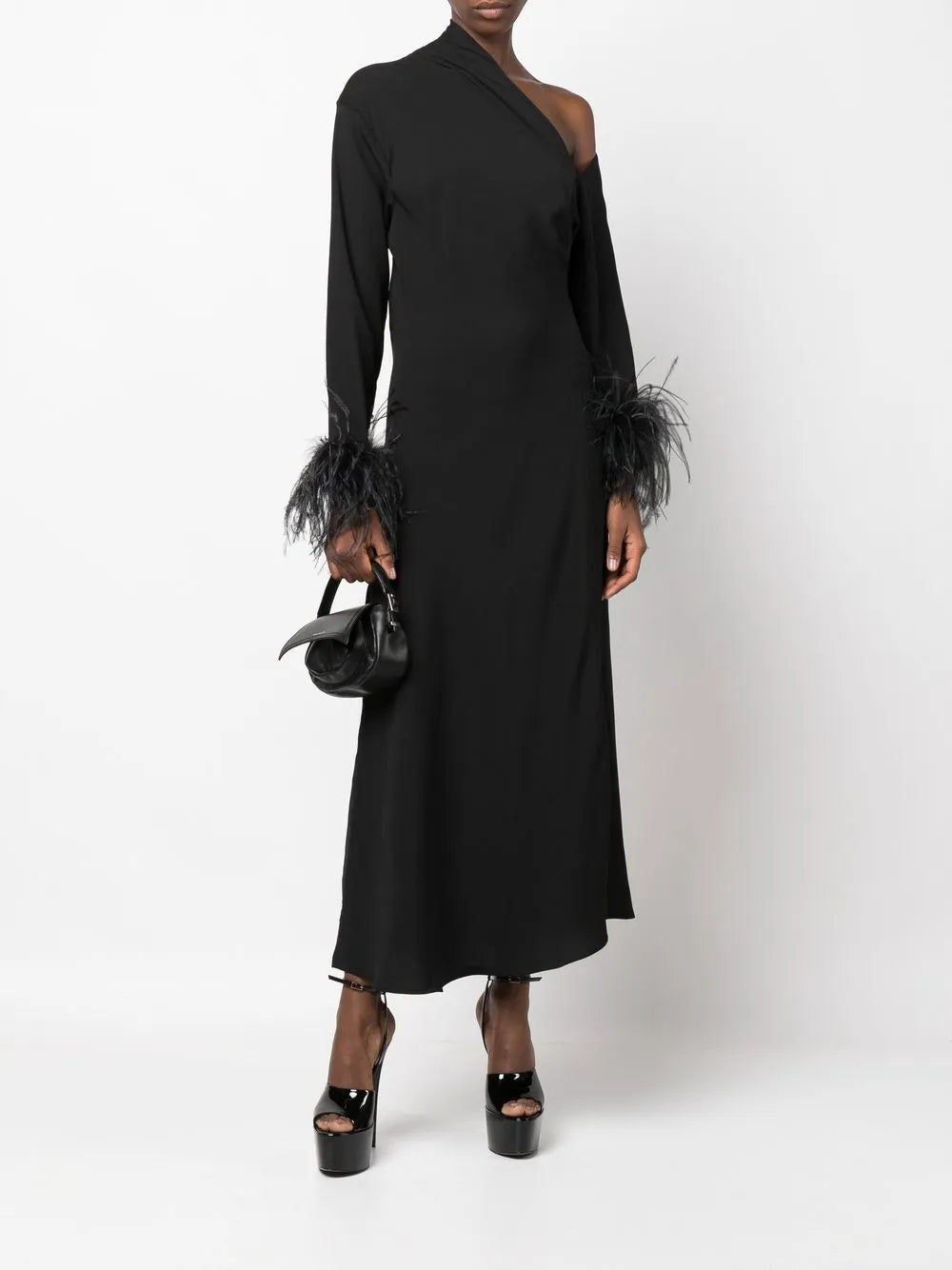 Feather-Trim One-Shoulder Dress