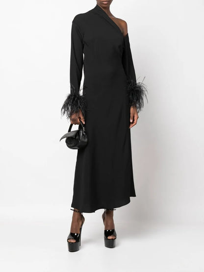 Feather-Trim One-Shoulder Dress