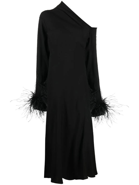 Feather-Trim One-Shoulder Dress