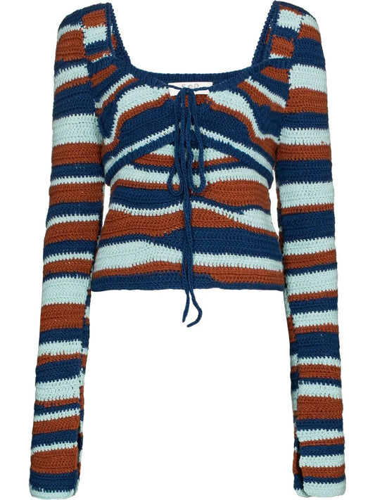 Wave Crochet-Knit Puff-Sleeve Sweater