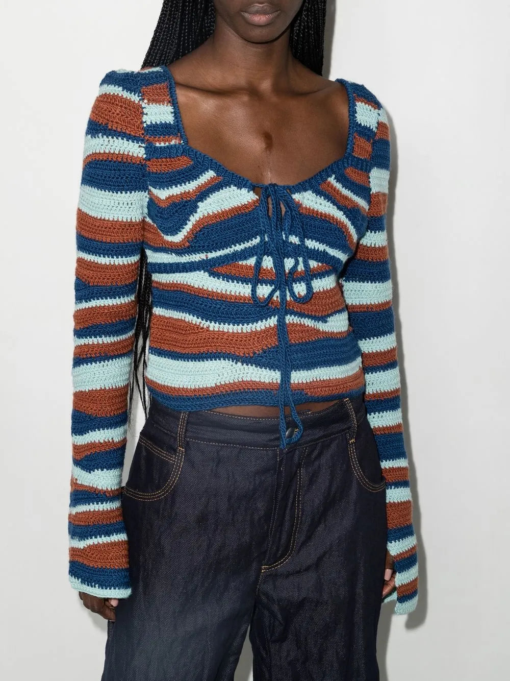 Wave Crochet-Knit Puff-Sleeve Sweater