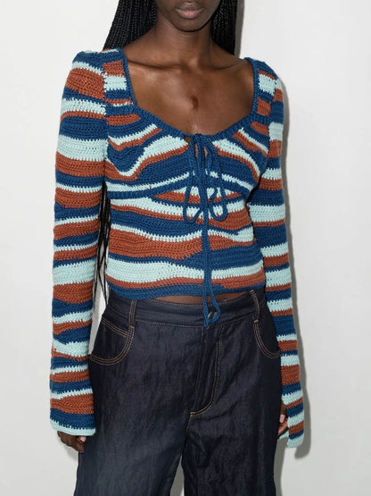 Wave Crochet-Knit Puff-Sleeve Sweater