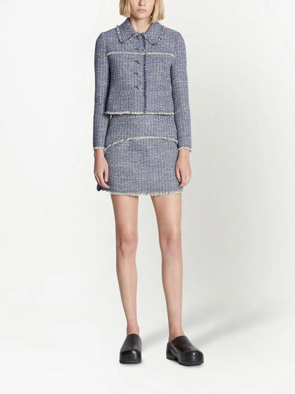 Frayed-Hem Tweed Mini Skirt