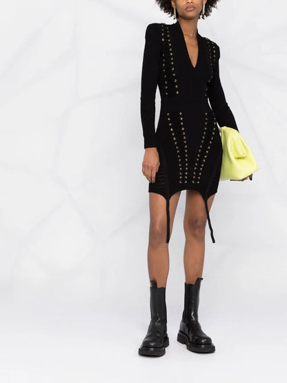 Eyelet-Detail Lace-Up Dress
