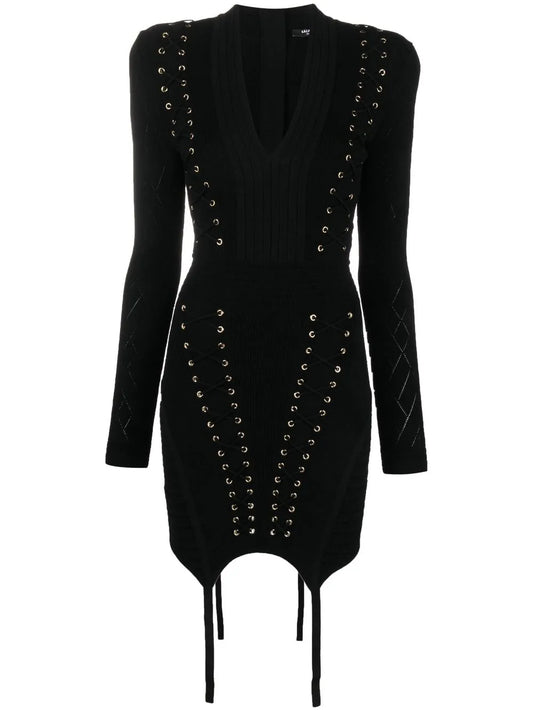 Eyelet-Detail Lace-Up Dress